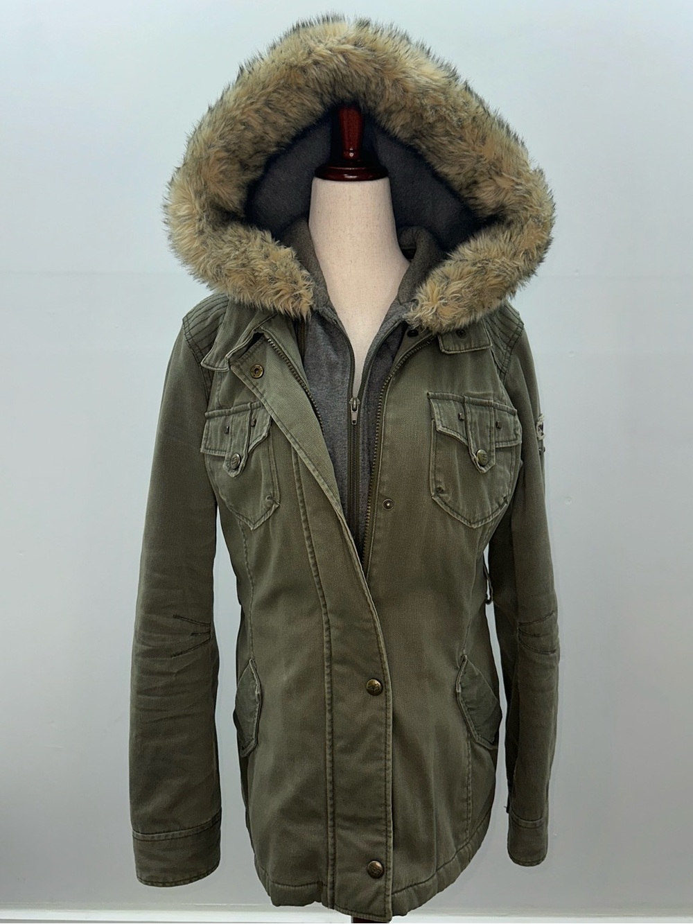 Buffalo Womens Olive Green Hooded Parka Jacket Faux Fur Trim Patch Medium Y2K